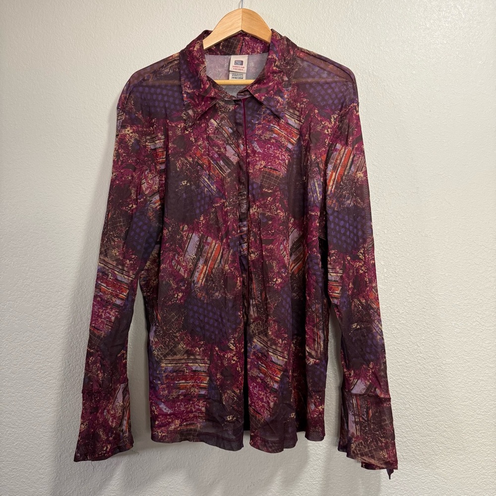 Faded Glory Women’s Plus Multicolor Sheer Long Sleeve Blouse Snap Front 26W/28W